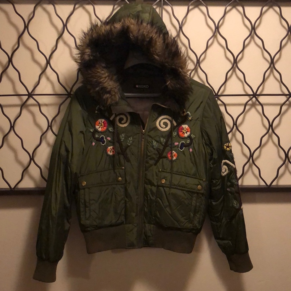 Army green winter coat floral yarn detail